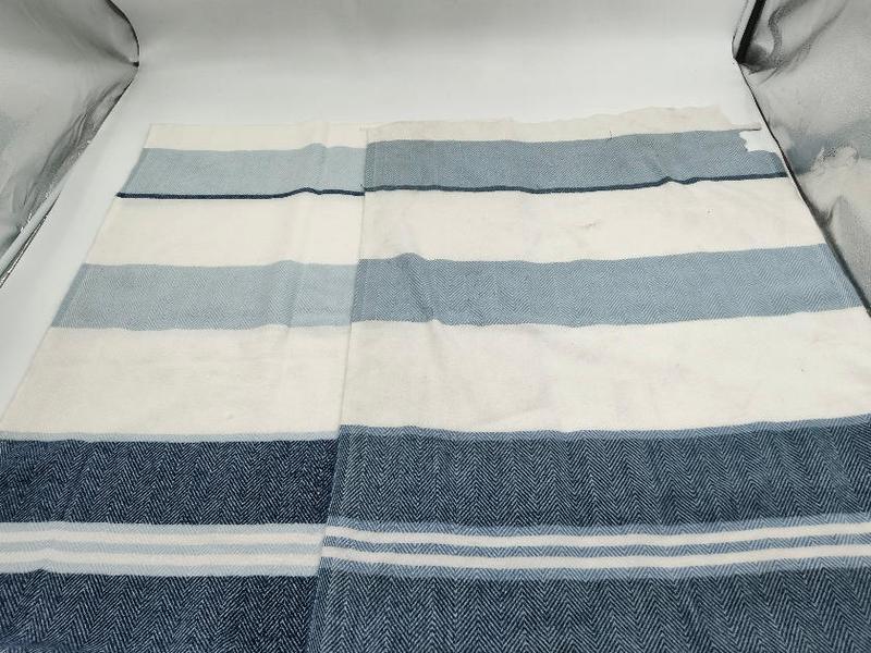Flat lay of a herringbone weave cotton throw blanket with navy blue, light blue, and white horizontal stripes - bulk order 20-day delivery