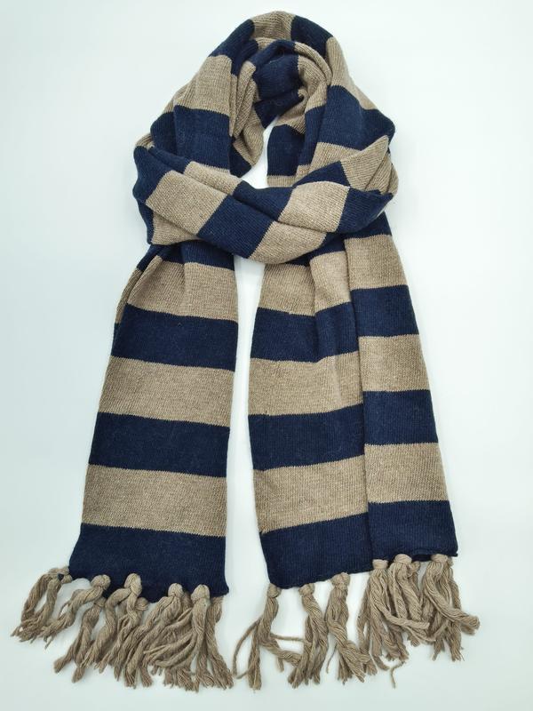 Knitted navy blue and beige wide stripe scarf with fringe tassels, loosely knotted on white background - custom size no extra charge