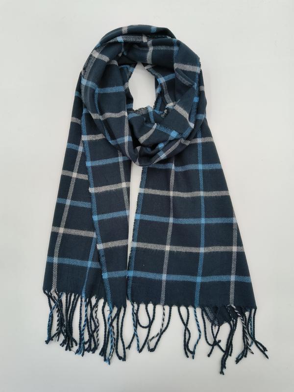 Folded navy blue plaid tartan scarf with light blue and white checks and twisted fringe ends on white background - custom logo label accepted
