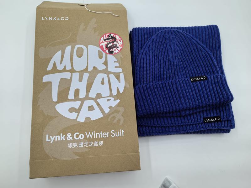 Navy blue ribbed knit beanie hat and matching scarf winter accessory set displayed beside kraft paper gift box - ODM OEM service available - custom size no extra charge