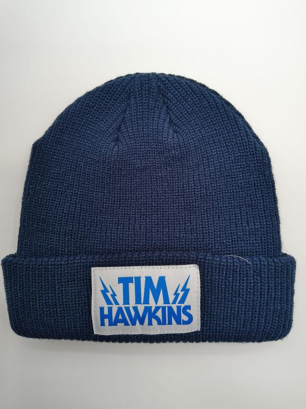 Navy blue ribbed knit cuffed beanie hat with white and blue Tim Hawkins lightning bolt logo patch on folded cuff - jacquard custom pattern accepted