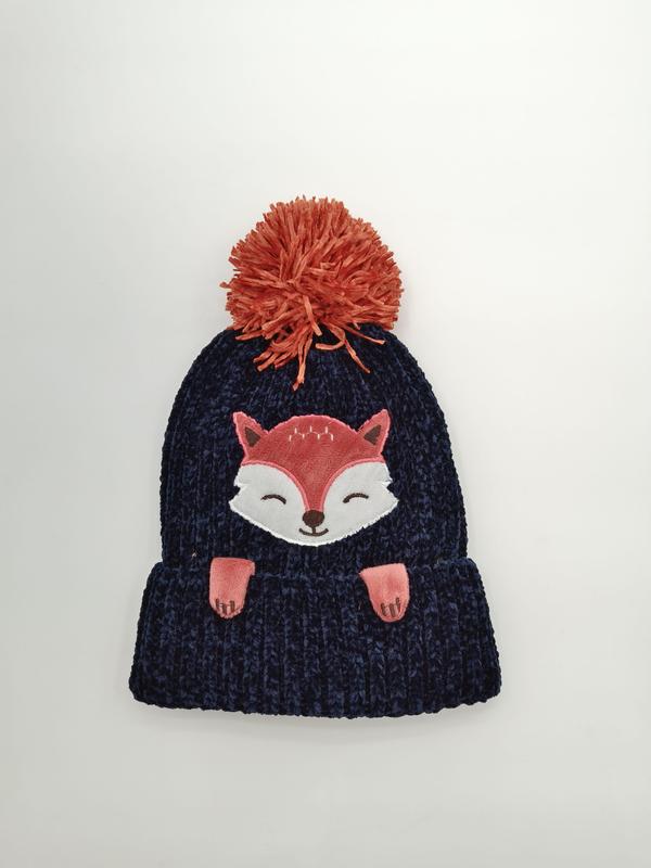 Navy blue chenille ribbed knit children's beanie hat with embroidered fox face appliqué and rust orange pom-pom on top - custom packaging design free