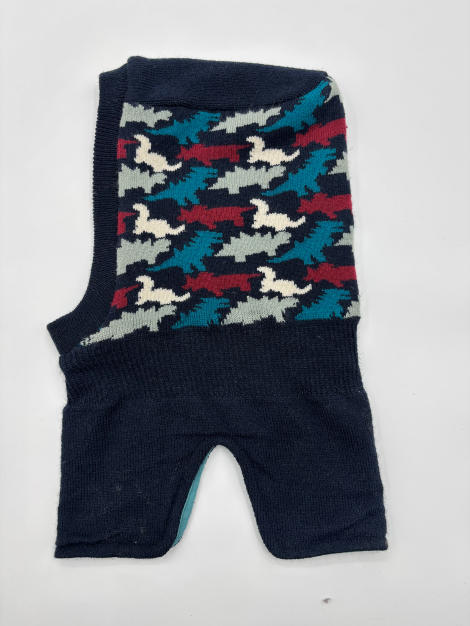 Knitted dog sweater vest in navy blue with teal, burgundy, white abstract bird intarsia pattern, laid flat - email us get price list now