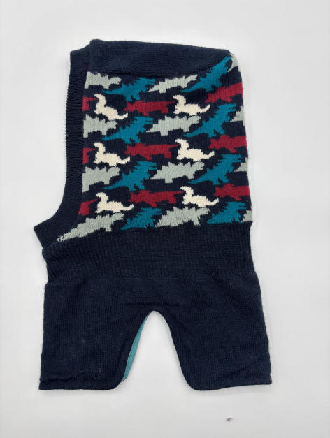 Knitted sleeveless dog sweater in navy blue with teal, burgundy, white abstract bird intarsia pattern, laid flat - request quote reply same day