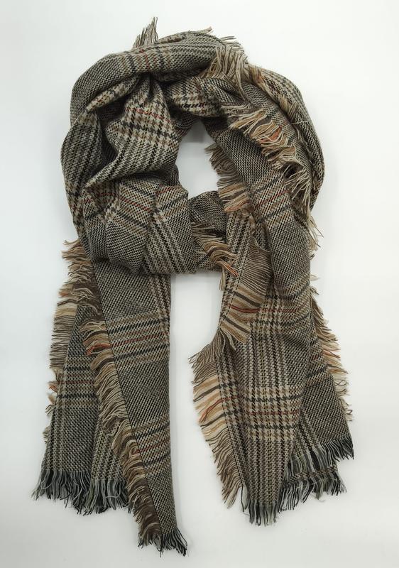 Olive green and beige plaid woven scarf with fringe edges, loosely knotted on white background - wholesale price for Europe buyers