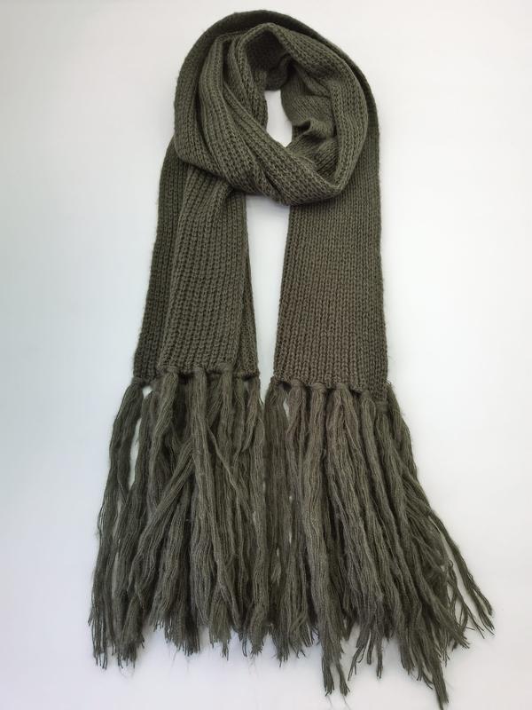 Olive green ribbed knit winter scarf with long twisted fringe tassels at both ends, looped and displayed flat on white background - email us get price list now