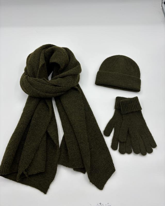 Olive green knit winter accessories set with oversized scarf, ribbed beanie hat and matching gloves on white background - custom size no extra charge