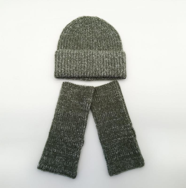Olive green marl ribbed knit beanie hat and matching fingerless gloves set laid flat on white background - custom Pantone color matching