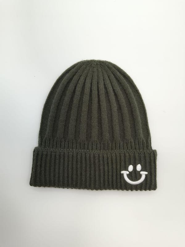Olive green ribbed knit cuffed beanie hat with white embroidered smiley face on folded brim, laid flat on white background - sample order 10pcs available