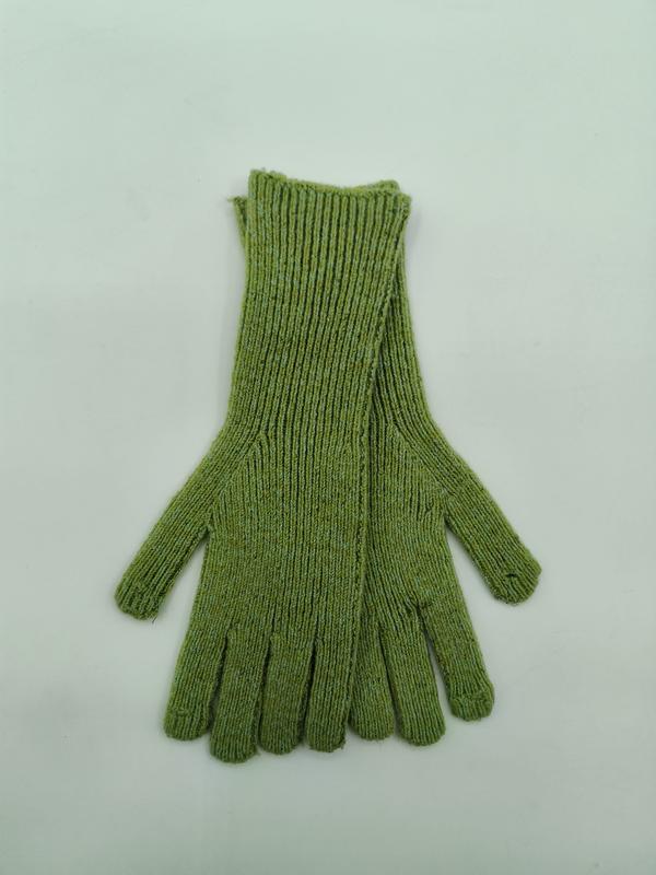 Flat lay of olive green ribbed knit gloves with extended cuff, full five-finger design on white background - BSCI audit passed supplier