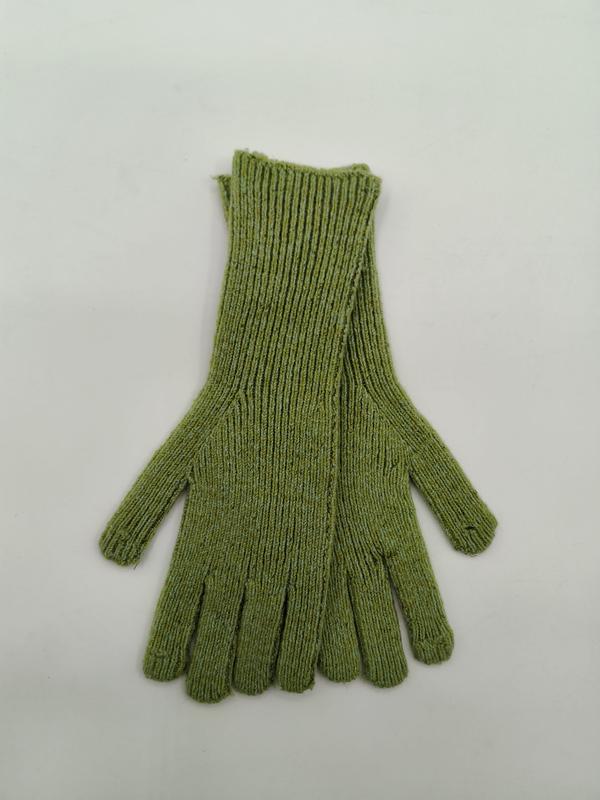 Flat lay of olive green ribbed knit gloves with extended wrist cuff on white background - Oeko-Tex Standard 100 certified