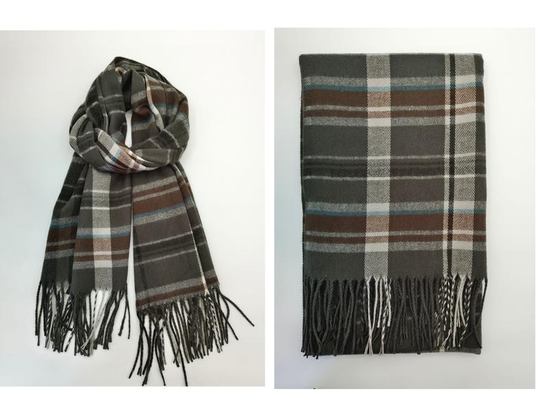 Olive green tartan plaid scarf with brown, white and blue stripes, shown draped and folded with fringe ends - MOQ 100pcs mixed colors OK