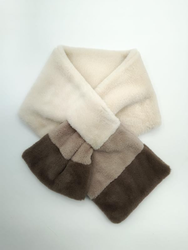 Soft faux fur pull-through scarf in cream, taupe, and dark brown color block ombre design, laid flat on white background - jacquard custom pattern accepted