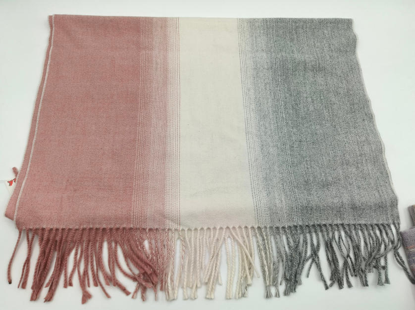 Soft woven scarf with ombre color block stripes in dusty pink, cream, and grey with twisted fringe trim - ask bulk pricing get discount