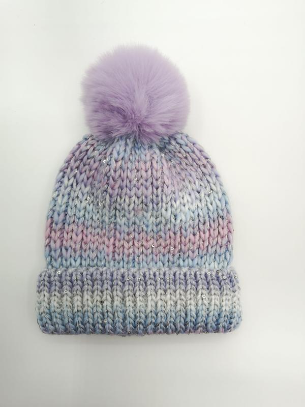Chunky knit beanie hat in pastel purple blue and pink ombre with silver sequins and lavender faux fur pom-pom on white background - event merchandise supplier