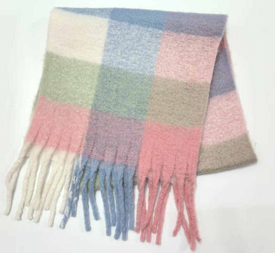 Soft pastel plaid scarf with large pink, blue, green, and cream checks and knotted fringe tassels on white background - custom size no extra charge