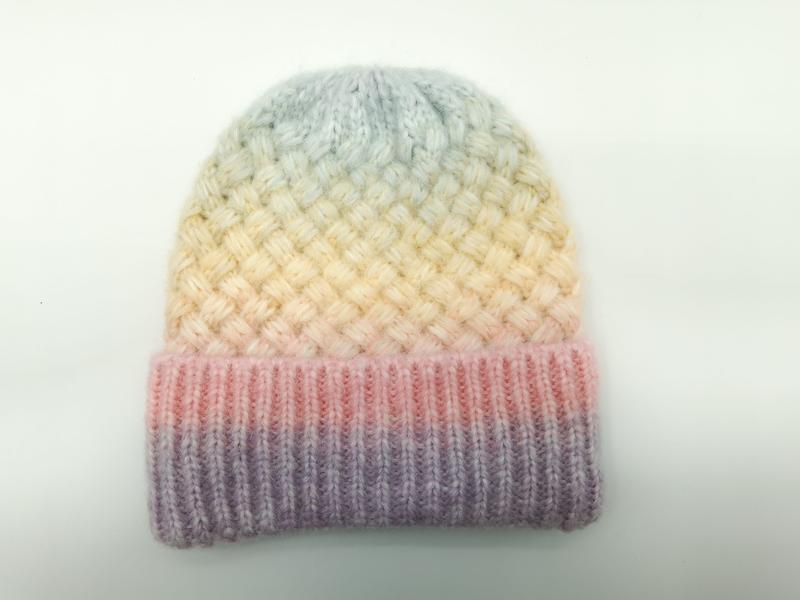 Handknit beanie hat with pastel rainbow gradient from lavender to blue, featuring basket weave texture and ribbed cuff - sample order 10pcs available