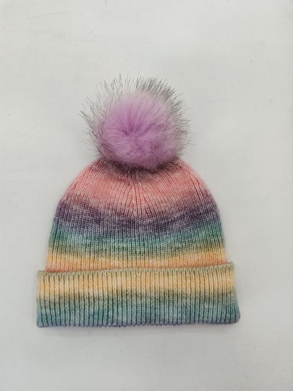 Knitted pastel rainbow ombre beanie hat with lavender faux fur pom pom, featuring pink, purple, teal, and yellow gradient stripes - bulk order 500+ pcs extra 8% off