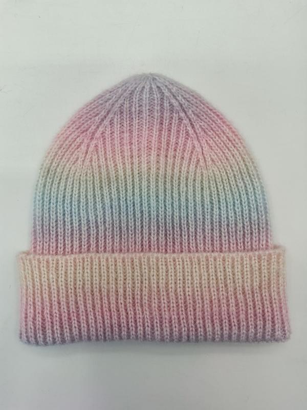 Ribbed knit beanie hat with pastel rainbow ombre gradient from pink to lavender, mint, and cream with folded cuff - low MOQ 50pcs trial order