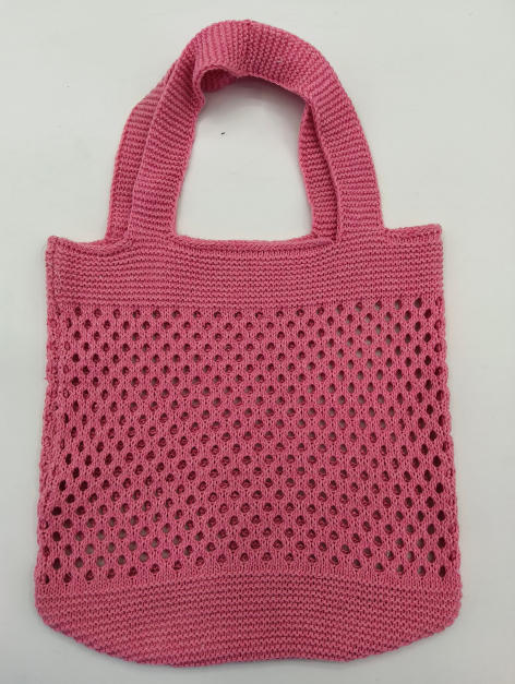 Pink knitted cotton mesh tote bag with open crochet pattern and dual top handles on white background - air shipping 5-7 days arrival
