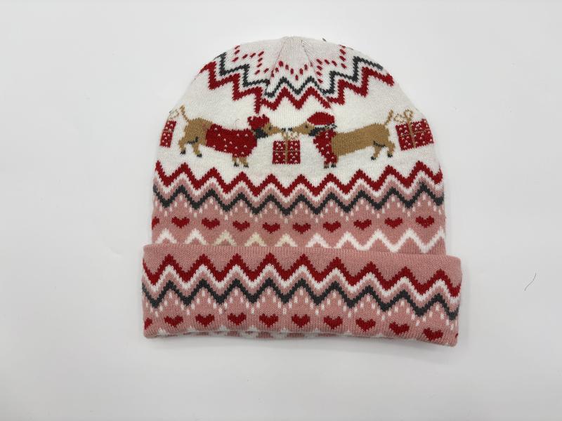 Pink and cream knit beanie hat with Fair Isle chevron pattern featuring dachshund dogs in Santa hats and red hearts - WhatsApp quote in 2 hours