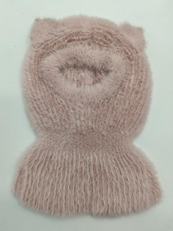 Blush pink fuzzy knit balaclava with cat ears and ribbed neck warmer, laid flat on white background - custom Pantone color matching