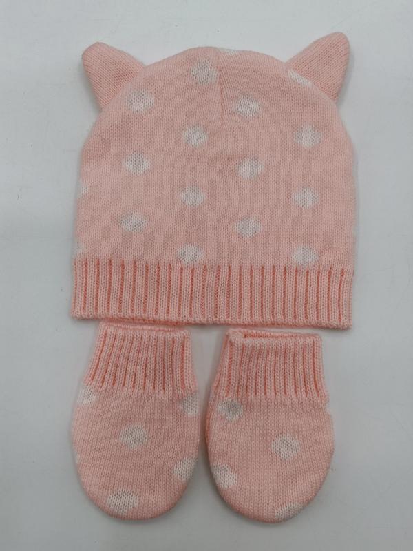Pink knitted baby beanie hat with cat ears and white heart pattern, paired with matching mittens set on white background - BSCI + Oeko-Tex + GRS certified