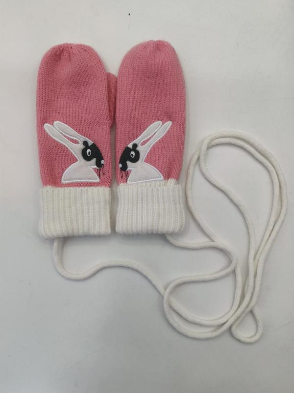 Pink knitted toddler mittens with black and white bunny appliqué and white ribbed cuffs connected by a long cord string - custom Pantone color matching