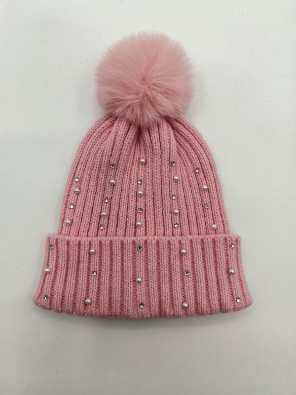 Pink ribbed knit winter beanie hat with faux fur pompom, pearl and crystal rhinestone embellishments on white background - MOQ 100pcs mixed colors OK