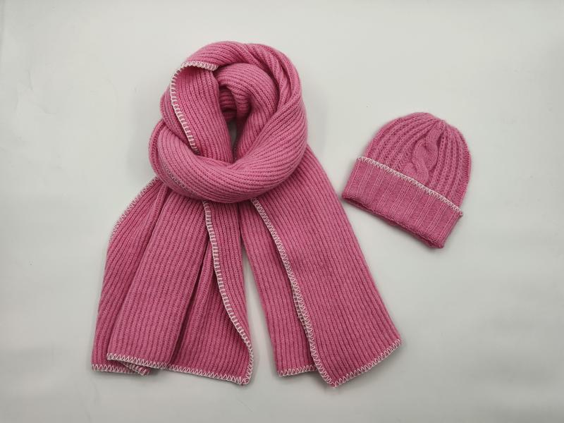 Pink ribbed knit winter scarf and matching beanie hat set with white contrast edge stitching on white background - 5-day digital sample ready