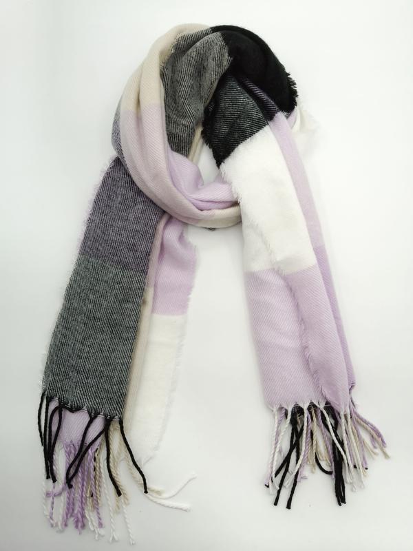 Folded plaid blanket scarf in lavender, white, black and gray with twisted fringe tassels on white background - email us get price list now