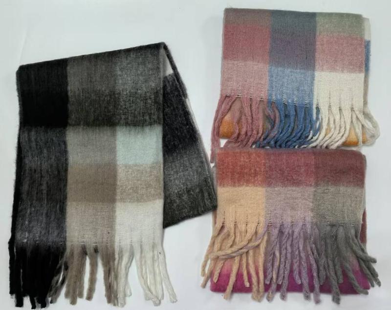 Three plaid check scarves with fringe: dark grey-black with mint, and two pink-blue-mustard multicolor winter wraps - low MOQ 50pcs trial order