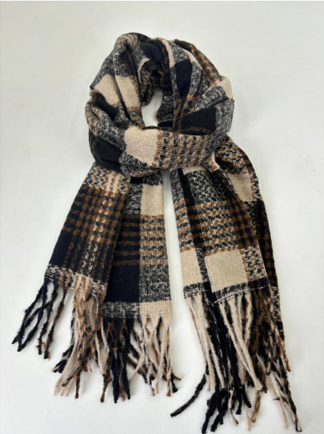 Folded woven plaid scarf in black, beige, and brown houndstooth pattern with long knotted fringe ends - custom logo label accepted