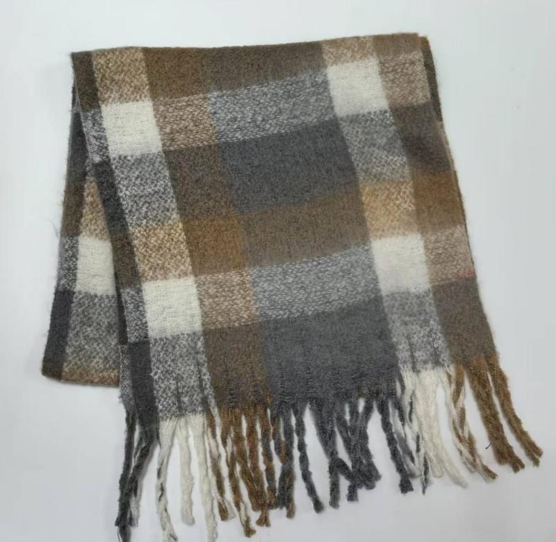 Folded plaid scarf in brown, grey, and cream with twisted fringe trim on white background - MOQ 100pcs mixed colors OK