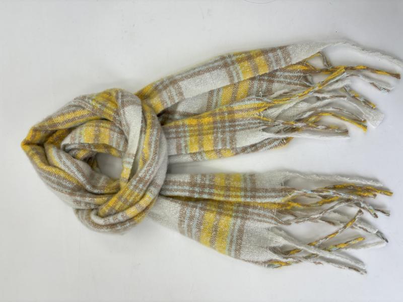 Soft plaid scarf in yellow, beige, and cream with fringe ends, loosely knotted on a white background - air shipping 5-7 days arrival