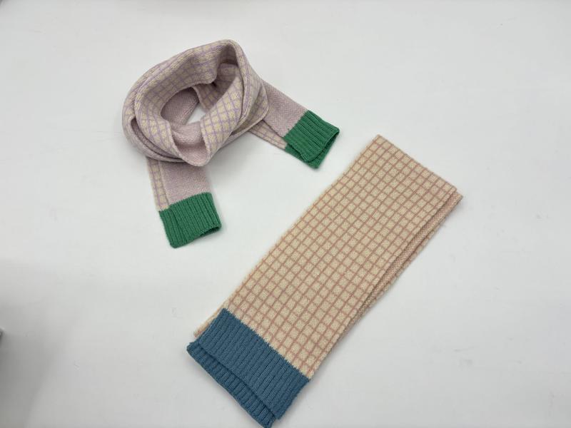Two knitted plaid scarves: lavender with green cuffs looped, and beige with blue ribbed cuff folded flat on white surface - sample order 10pcs available