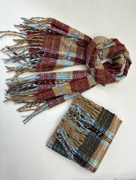 Plaid woven scarf in burgundy, light blue, and tan with fringe ends, shown draped and folded on white surface - BSCI audit passed supplier