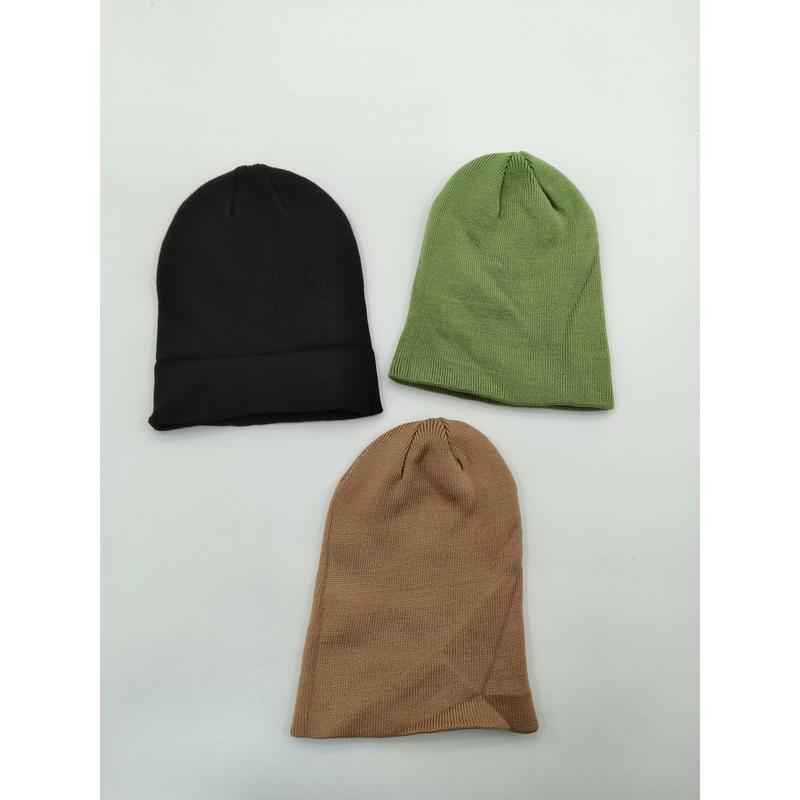 Three plain knit beanie hats laid flat in black, olive green, and tan brown colors on white background - tiered pricing available ask quote