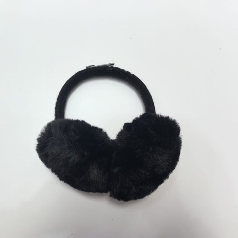 Grey plush faux fur earmuffs with tan suede center pad and stitched headband shown from back angle - small batch 100pcs accepted