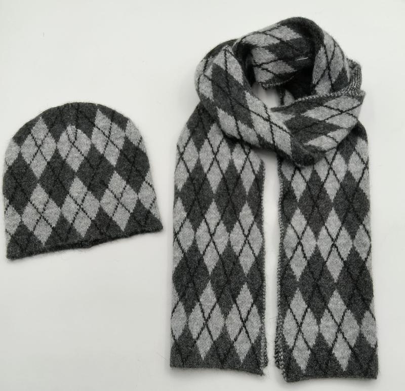 Matching dark grey and light grey argyle knit beanie hat and long scarf set laid flat on white background - custom size no extra charge