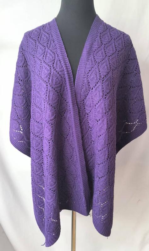 Purple lace knit open-front wrap shawl with diamond cable pattern displayed on a mannequin, full length view - factory direct price no middleman