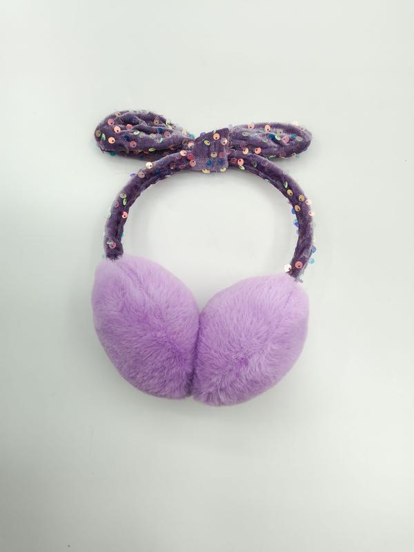 Lavender plush faux fur earmuffs with dark purple sequin-embellished headband and decorative bow on white background - wholesale price for USA buyers