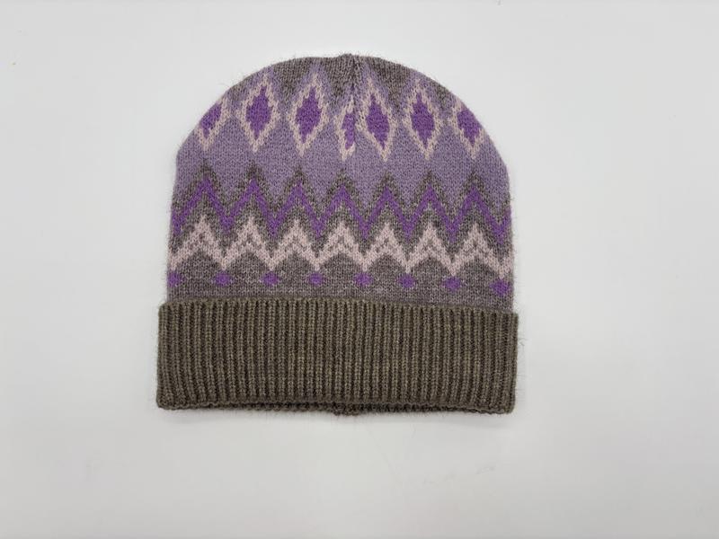 Knitted beanie hat with purple and grey Fair Isle diamond and chevron pattern with ribbed cuff - boutique retail bulk order