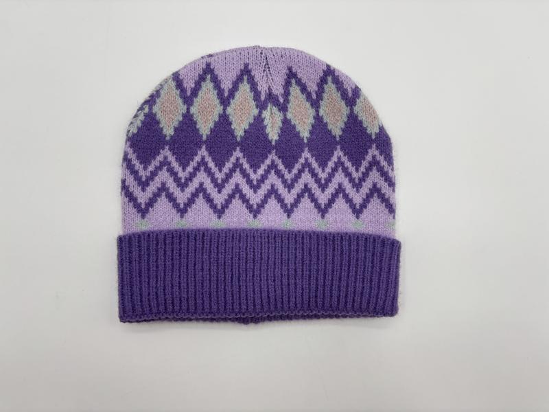 Purple and lavender knit beanie hat with argyle diamond and chevron fair isle pattern and ribbed cuff - bulk order 20-day delivery