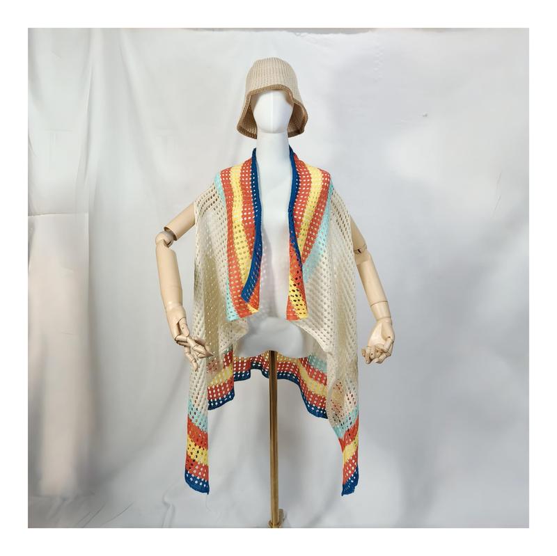 Cream crochet open-front kimono vest with multicolor rainbow stripes in blue orange yellow mint on mannequin with bucket hat - wholesale price for Middle East buyers