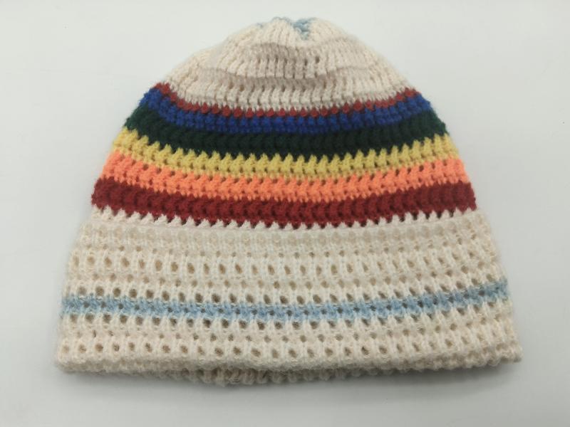 Cream knitted beanie hat with rainbow stripes in red, orange, yellow, green, blue and open mesh weave body - express production 15 days