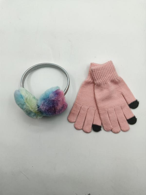 Colorful tie-dye faux fur earmuffs with silver headband and pink knit touchscreen gloves laid flat on white background - wholesale price for Middle East buyers