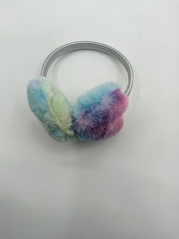 Colorful pastel rainbow tie-dye fluffy faux fur earmuffs with silver metallic headband on white background - factory direct price no middleman
