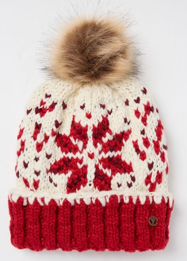 Red and cream chunky knit Fair Isle patterned winter beanie hat with large faux fur pom pom on white background - ODM OEM service available - custom logo label accepted