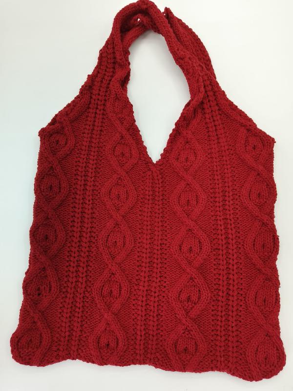 Red cable knit tote bag with braided pattern and single shoulder strap on white background - ISO 9001 quality controlled